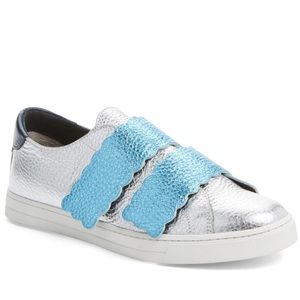 NEW FENDI Biscuit Metallic Leather Grip-Tape Scallop Sneakers in Blue / Silver